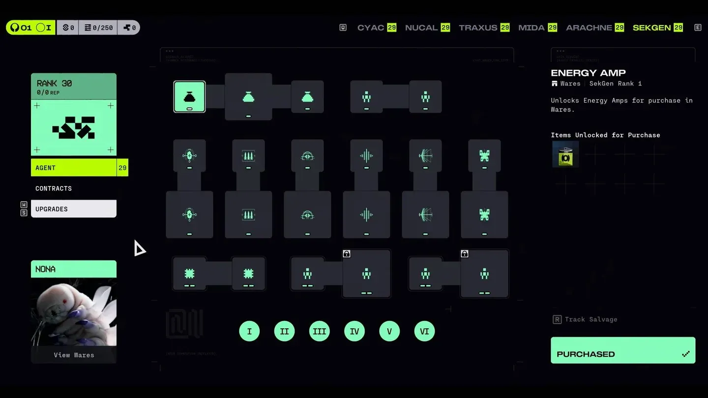 Faction upgrade tree screen