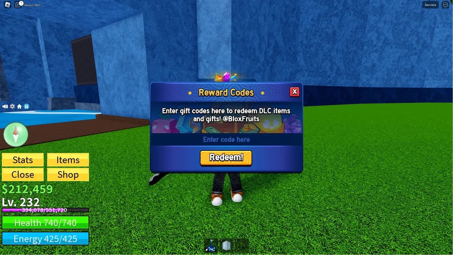 Code redemption menu