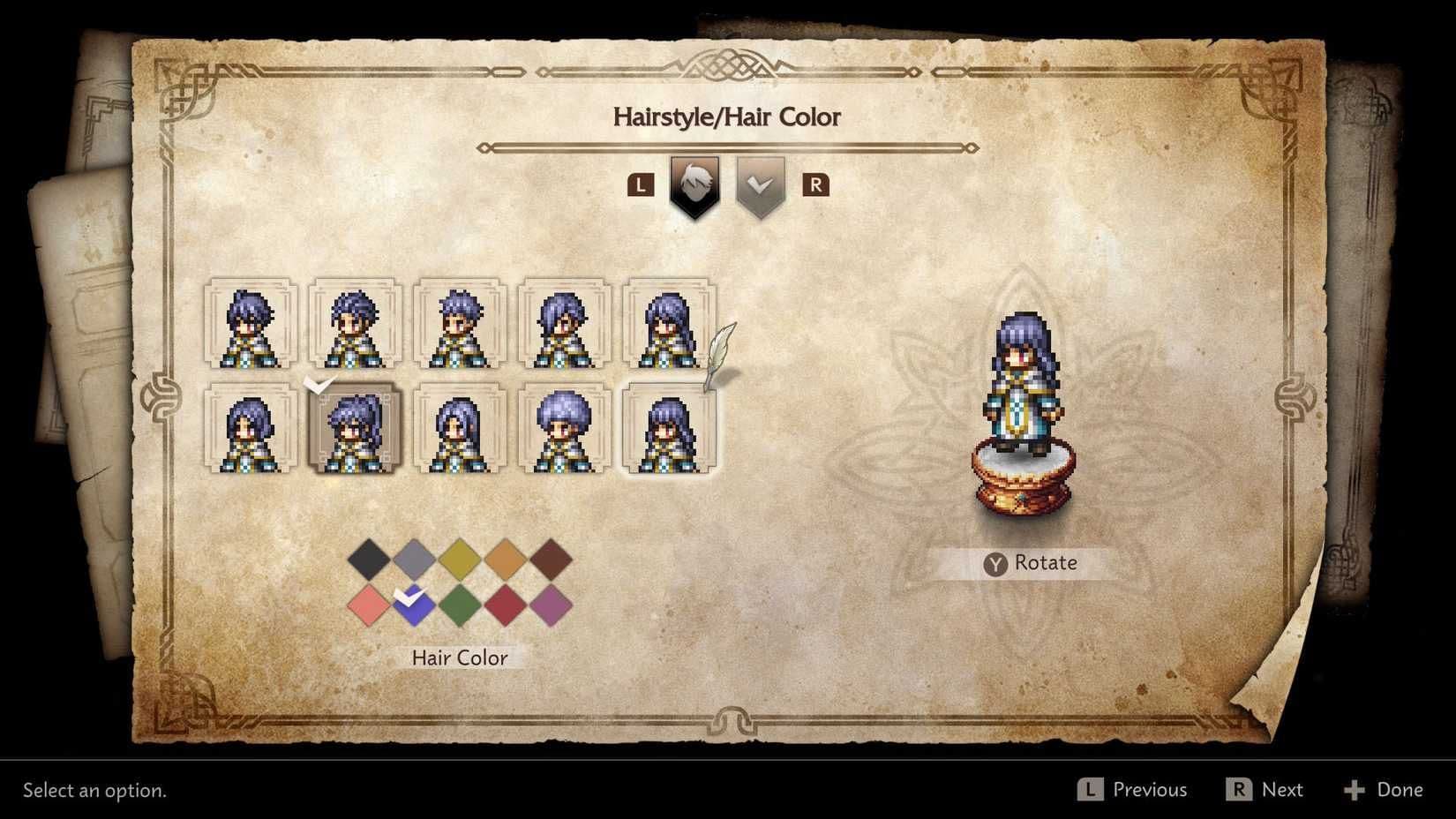 Character creation menu options