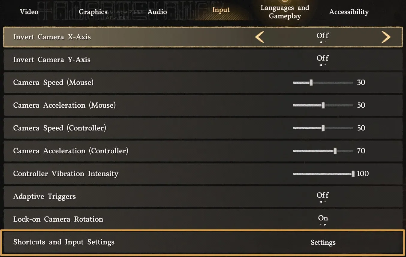 KB/M controls adjustment screen