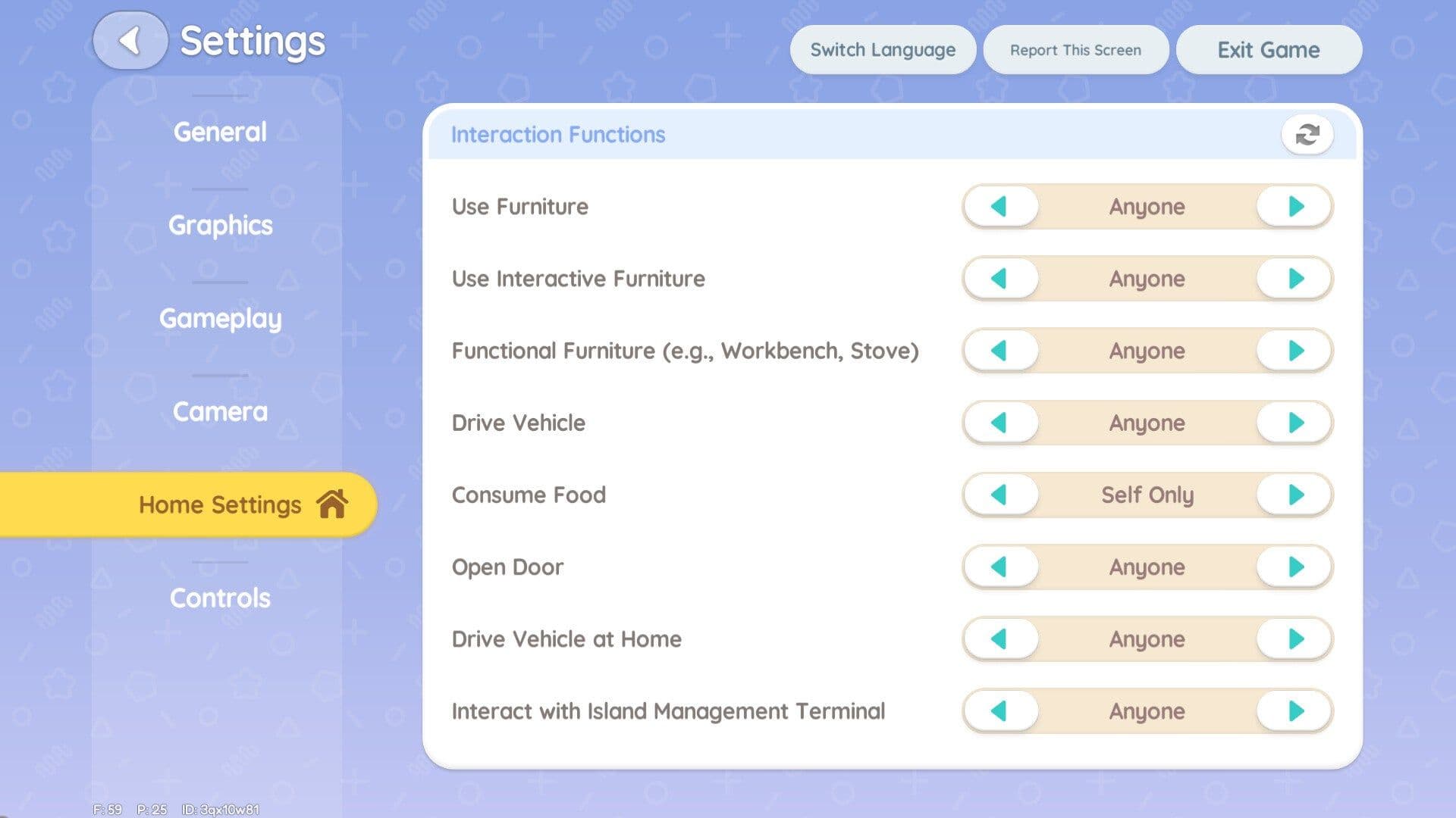 Graphics settings menu
