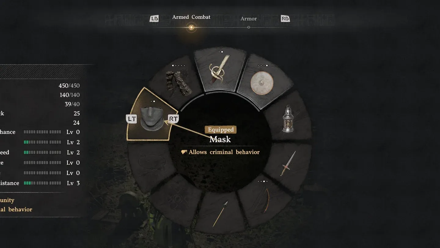 Equip mask via radial menu