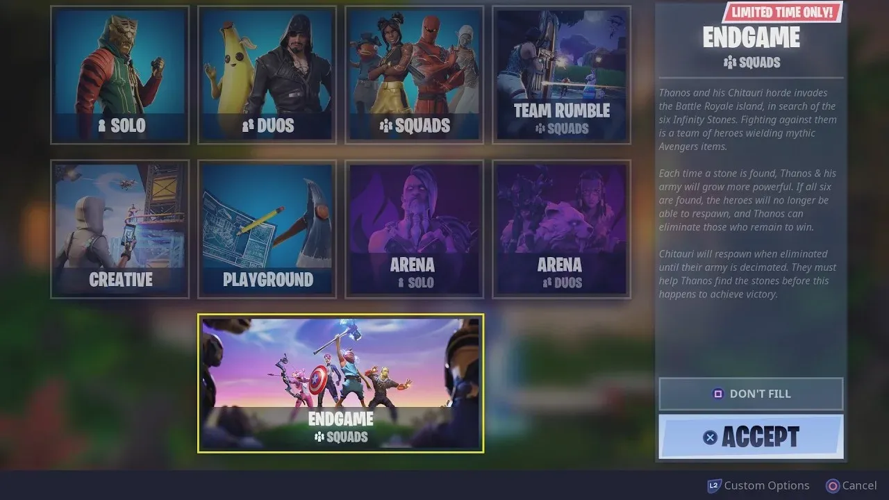 Endgame team selection screen