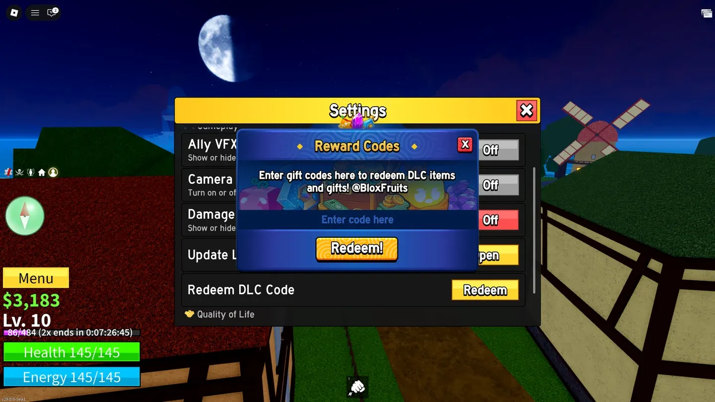 Settings menu redeem button