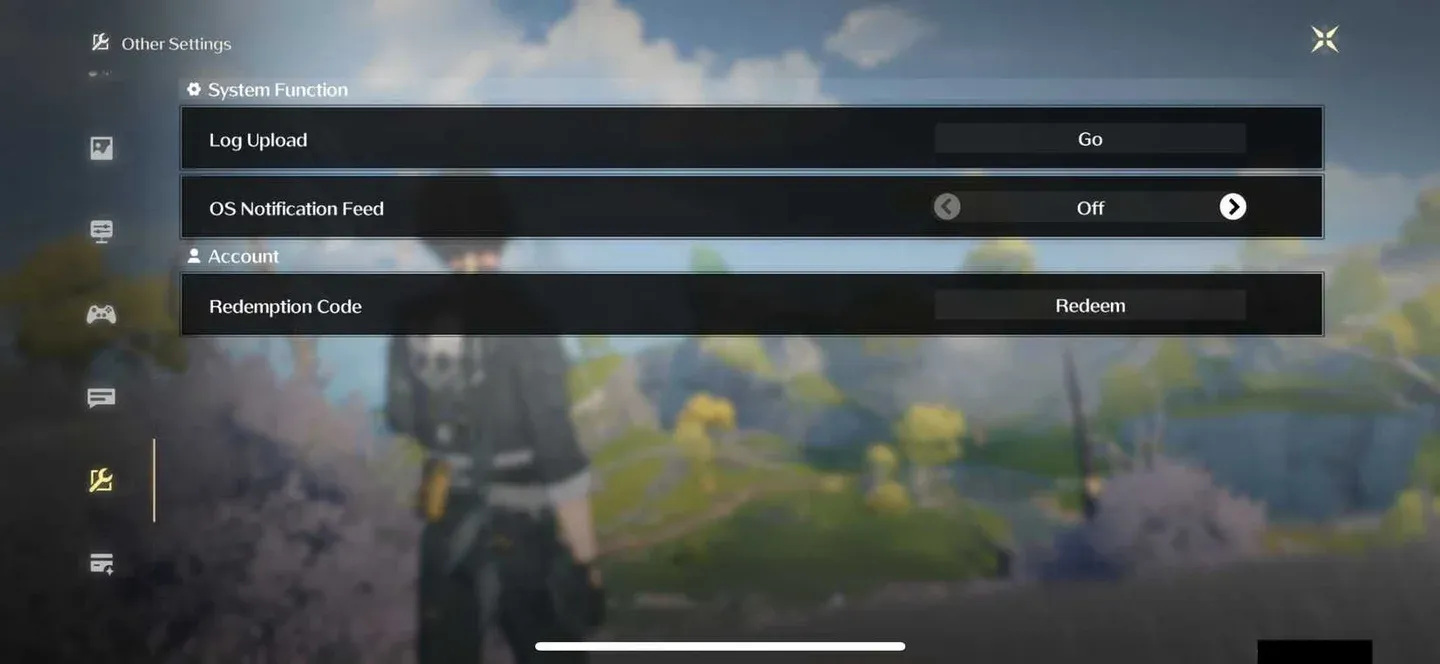 In-game code redemption tab