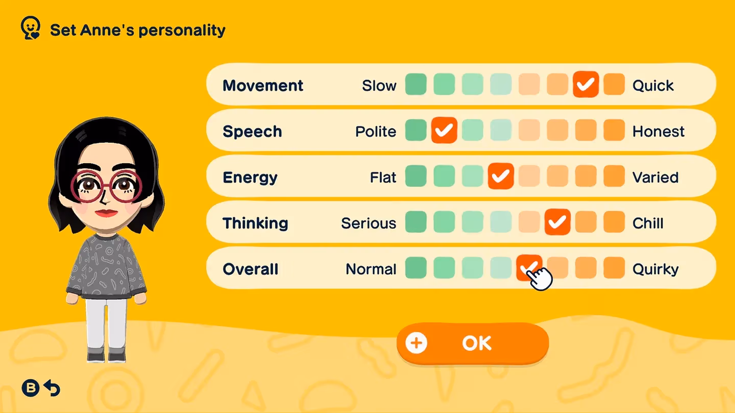 Personality sliders in Mii creation