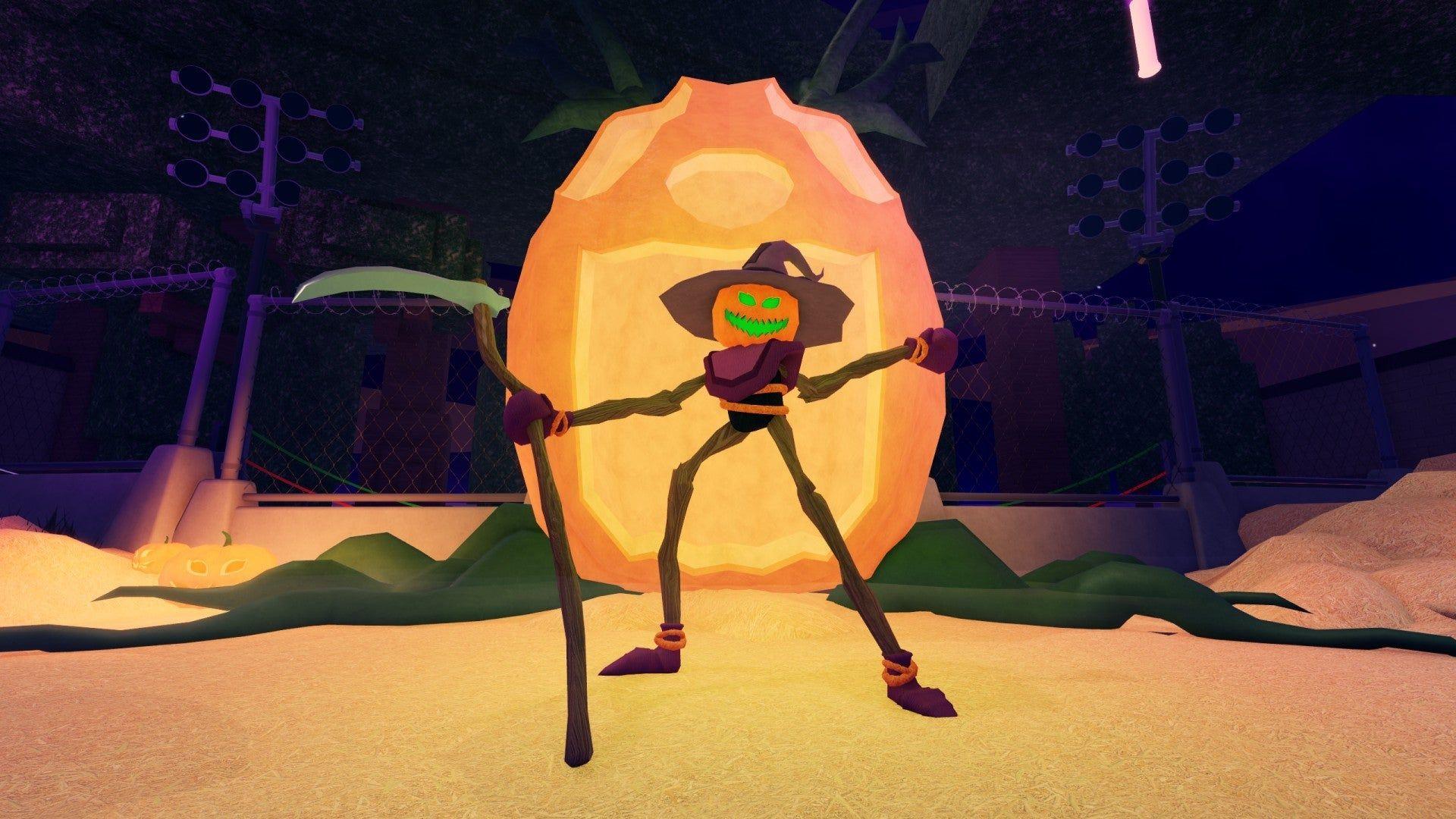 99 Nights in the Forest Halloween event image Pumpkin-headed scarecrow in the 99 Nights in the Forest Halloween Trick or Treat event