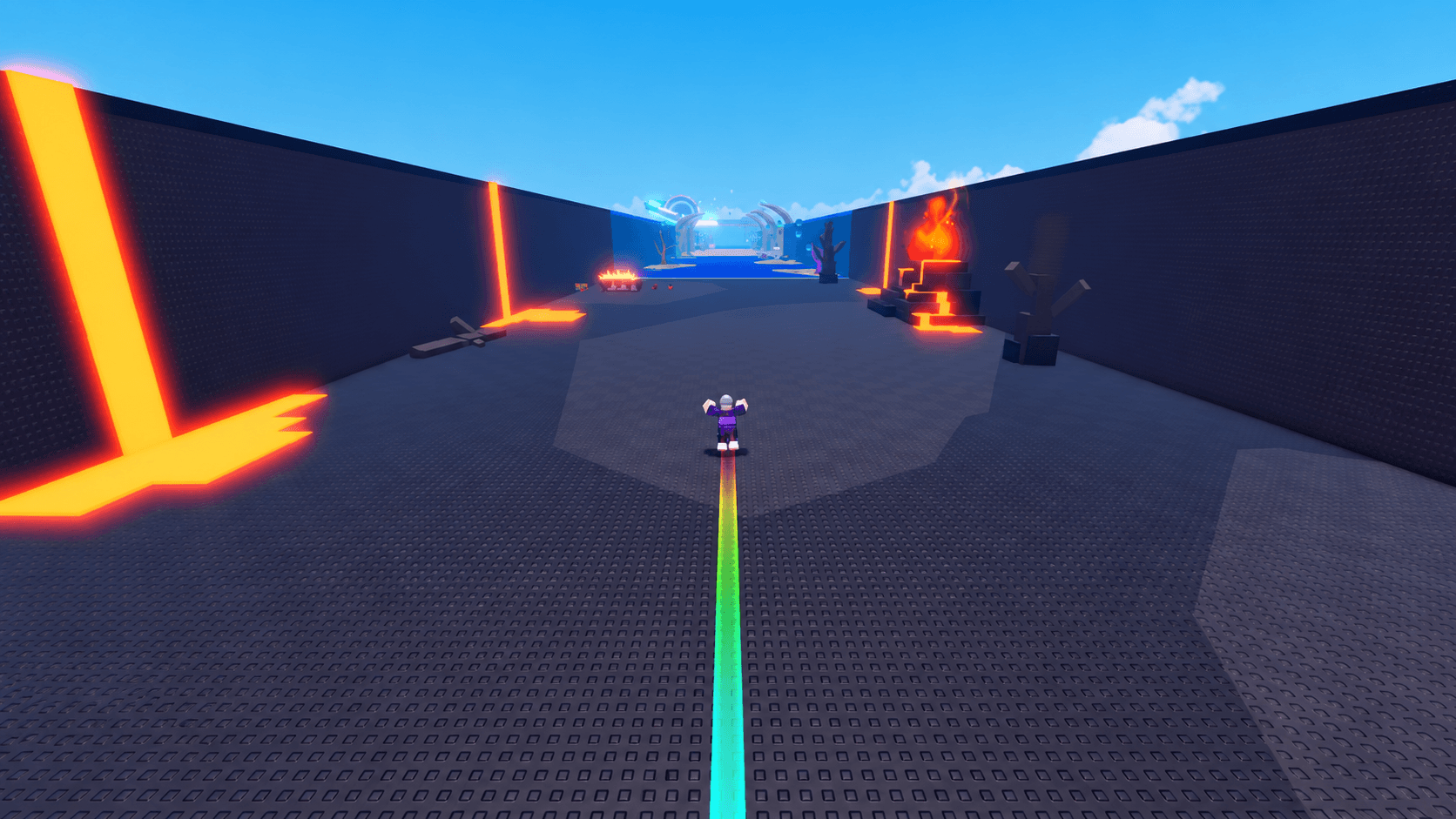 Steal An Egg Roblox avatar moving through a dark corridor with glowing orange effects