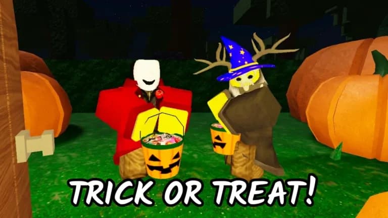 99 Nights in the Forest Halloween event reference Roblox forest Halloween trick-or-treat scene with avatars holding pumpkin candy buckets
