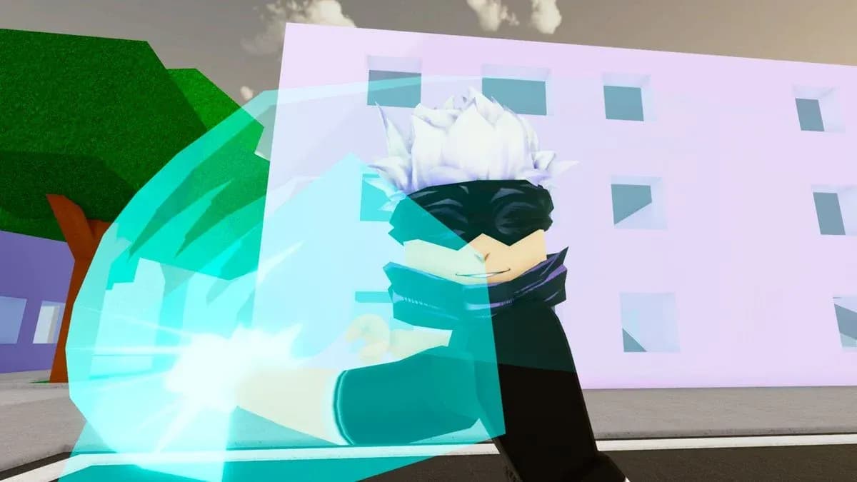 Jujutsu Shenanigans Roblox character with a bright blue energy effect in gameplay