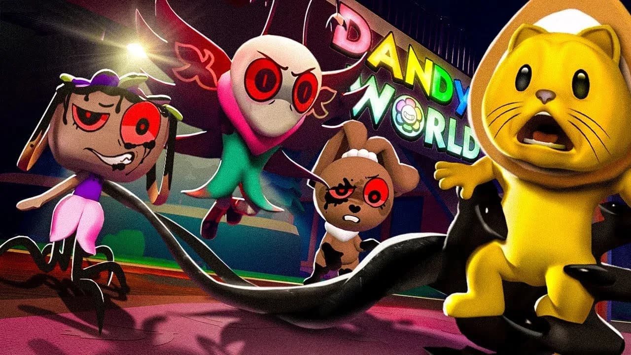 Dandy's World character artwork and gameplay context Dandy's World game characters in a colorful horror-themed scene, included as related game context