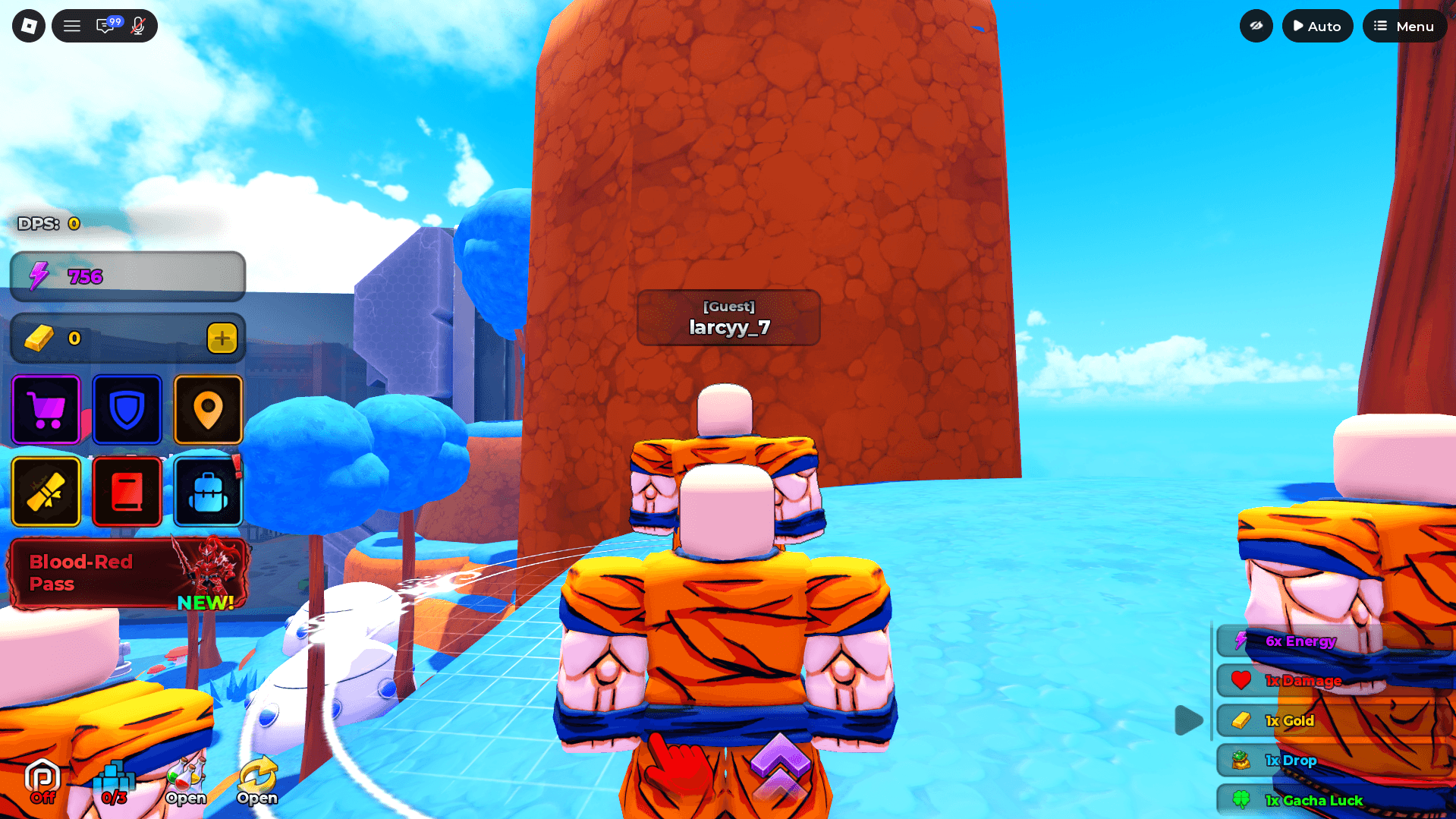 Anime Breaker world and gameplay view Anime Breaker gameplay with a Roblox avatar facing a large red rock formation in a bright blue environment