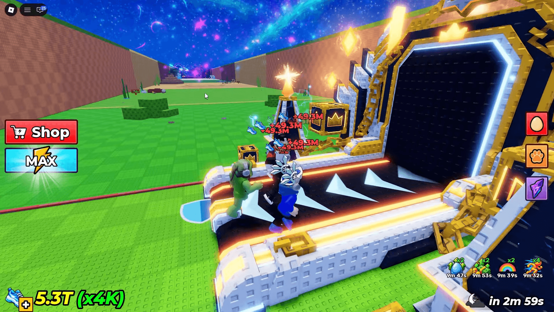 Steal An Egg gameplay arena and upgrade shop Steal An Egg Roblox avatars moving through a green game arena beside the treadmill shop