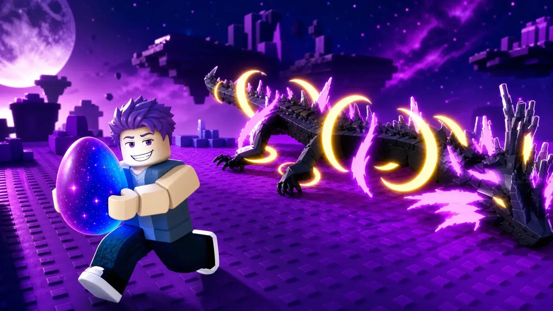 Steal An Egg gameplay: glowing egg and player avatar Roblox Steal An Egg character carrying a glowing egg in a purple game environment