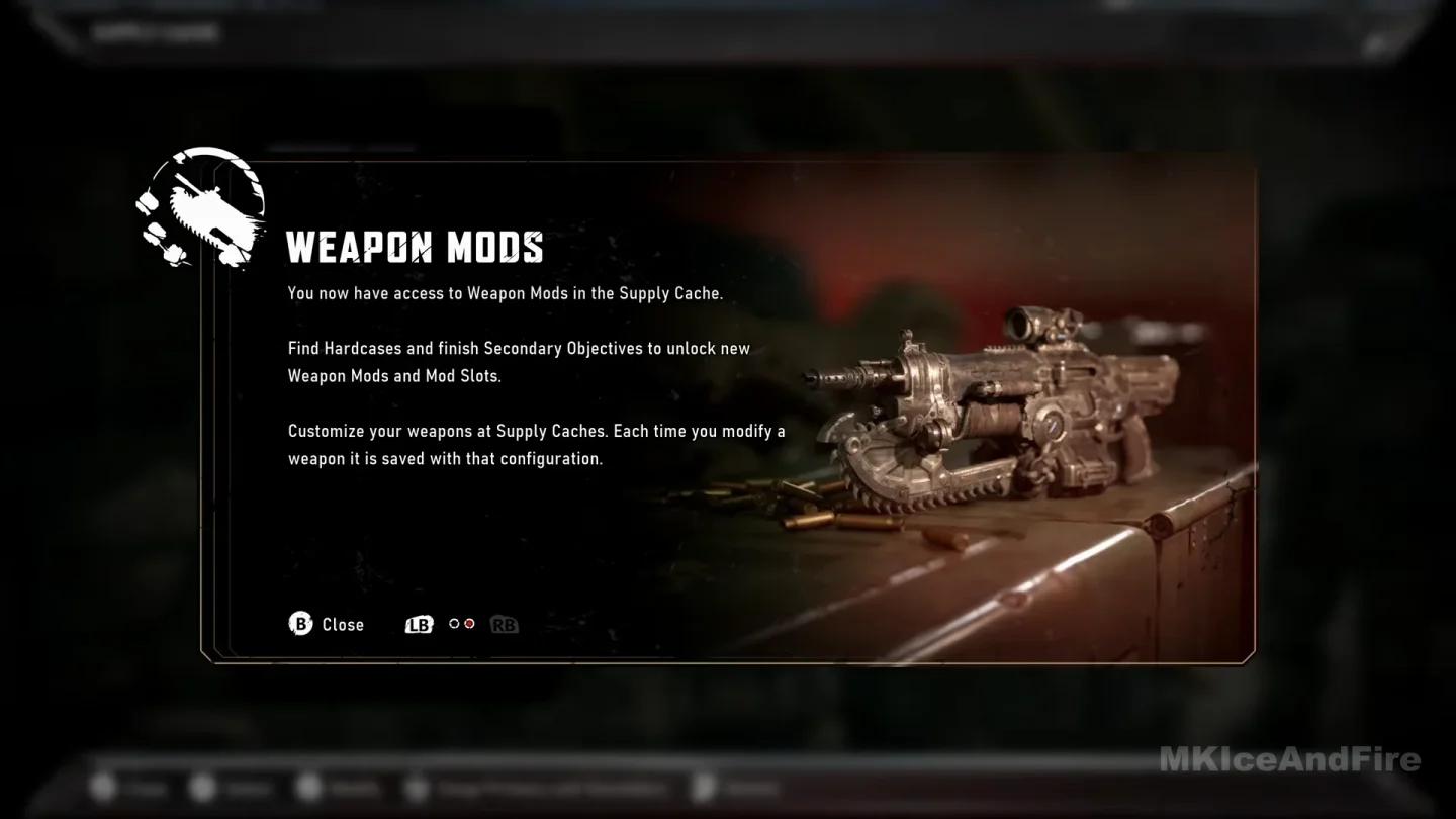 Gears of War E-Day Supply Cache-interface met wapenmod-selectie