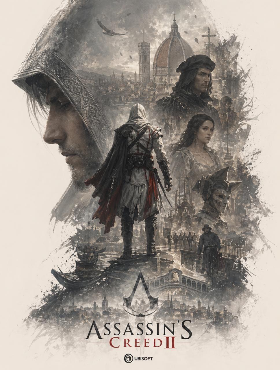ChatGPT-generated cinematic Assassin's Creed II poster with Ezio's hooded silhouette and Renaissance Florence