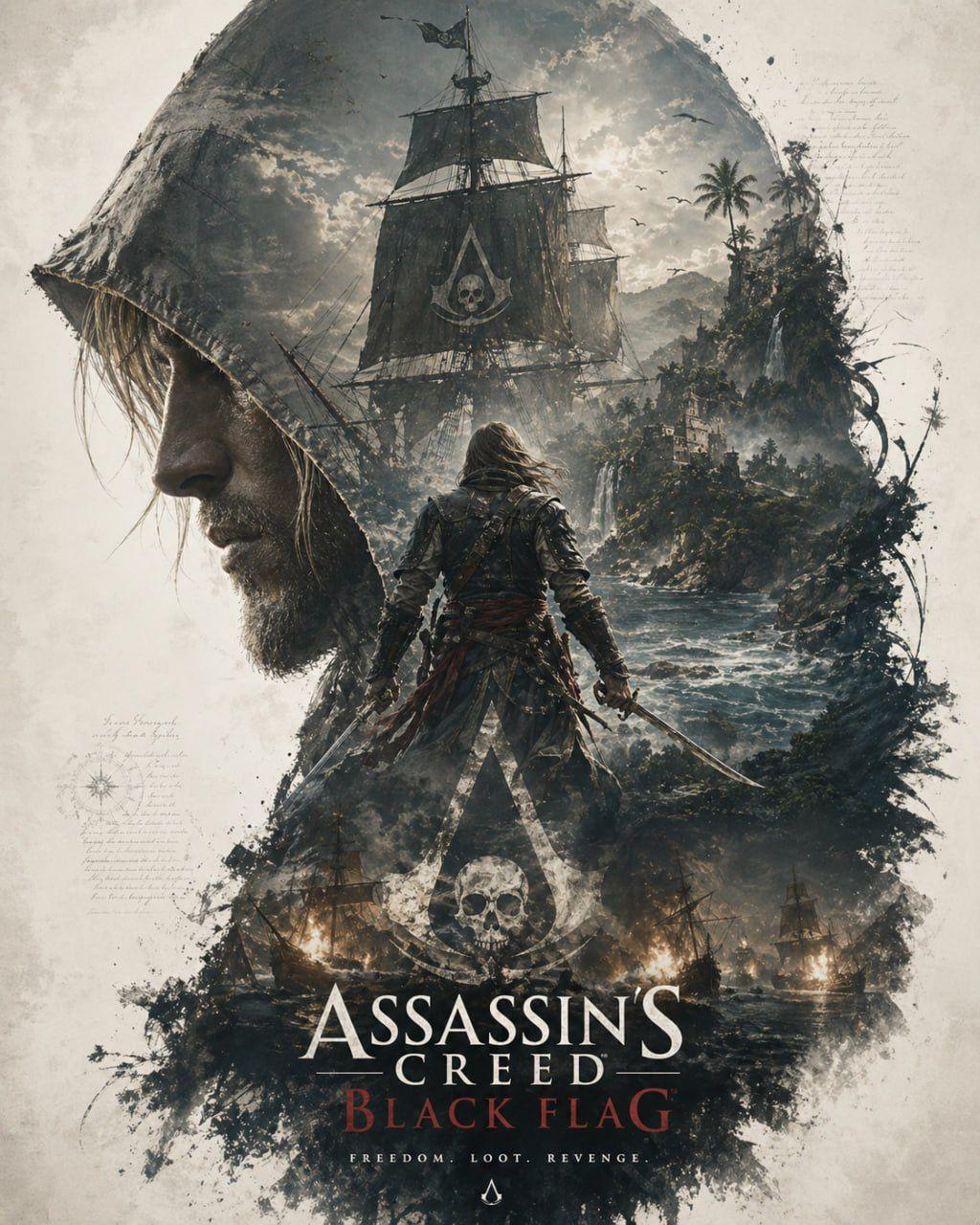 ChatGPT-generated cinematic Assassin's Creed Black Flag poster with a hooded pirate silhouette, galleon, and burning warships