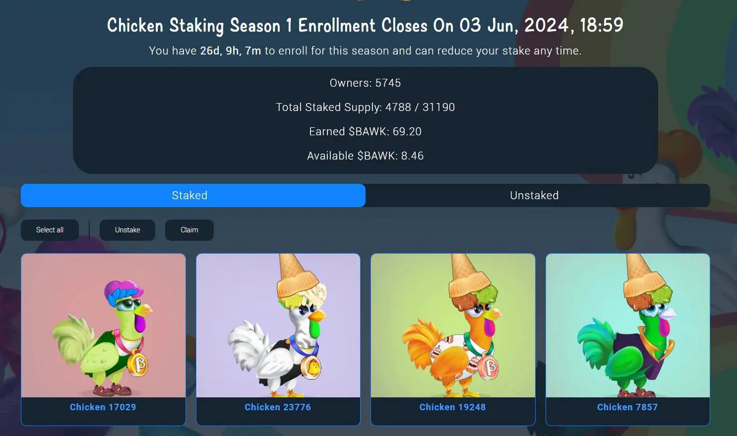 Chicken Derby New Economy: Stake Chickens, Earn $BAWK Tokens