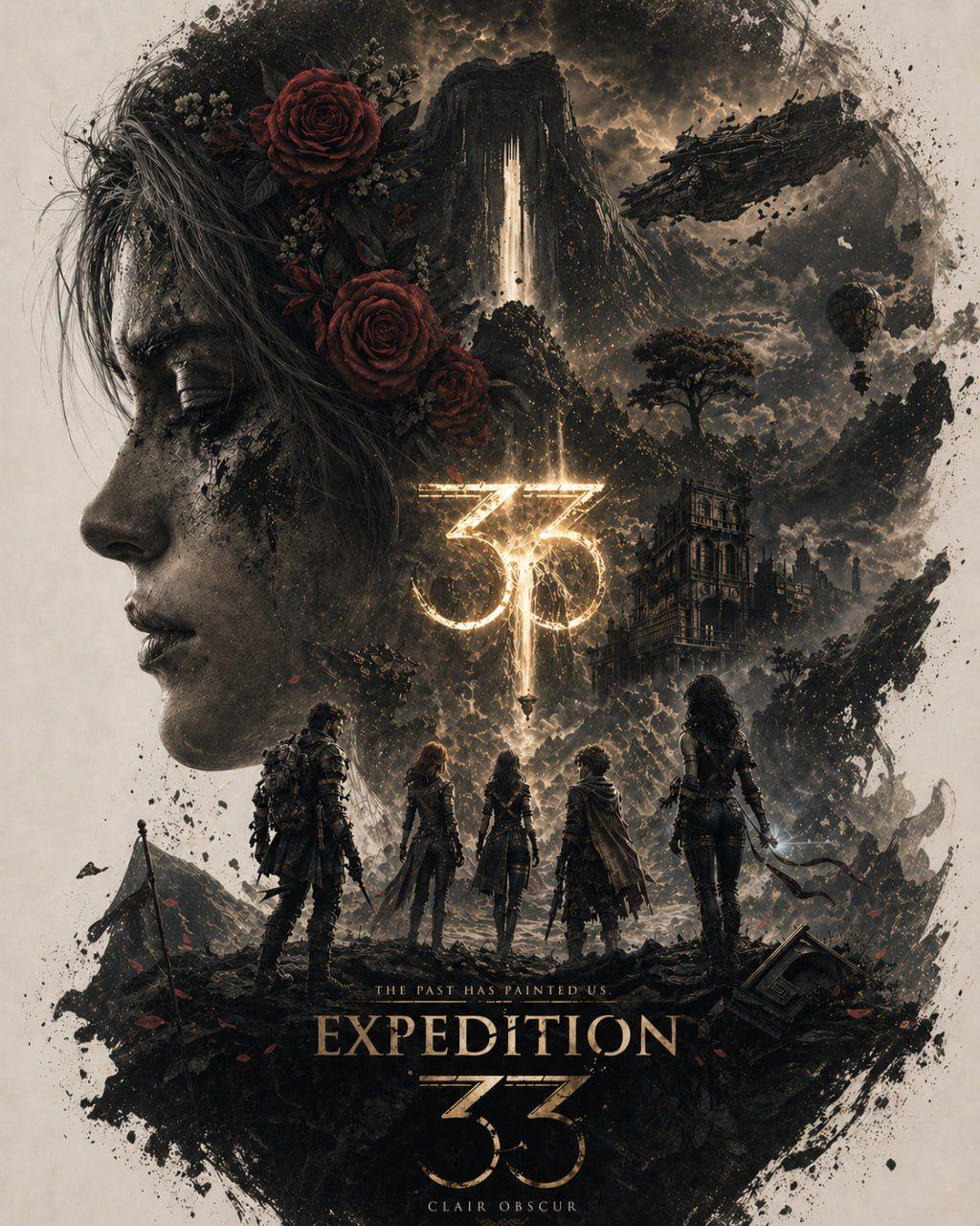 ChatGPT-generated cinematic poster of Clair Obscur Expedition 33 with a female silhouette, red roses, and an expedition party