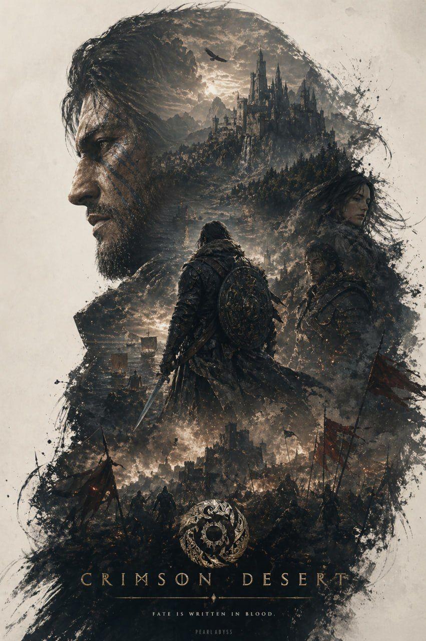 ChatGPT-generated cinematic Crimson Desert poster with a bearded warrior silhouette, fortress, and battlefield scenes