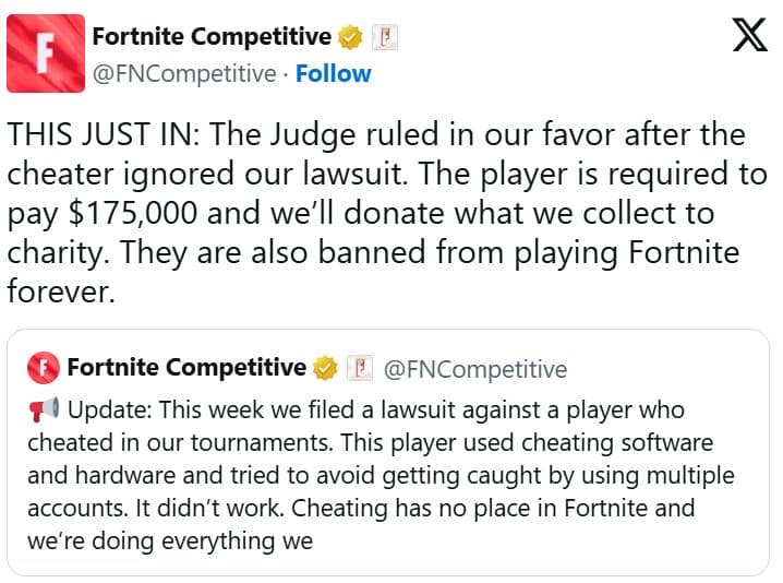Epic Games Fines Fortnite Cheater $175k