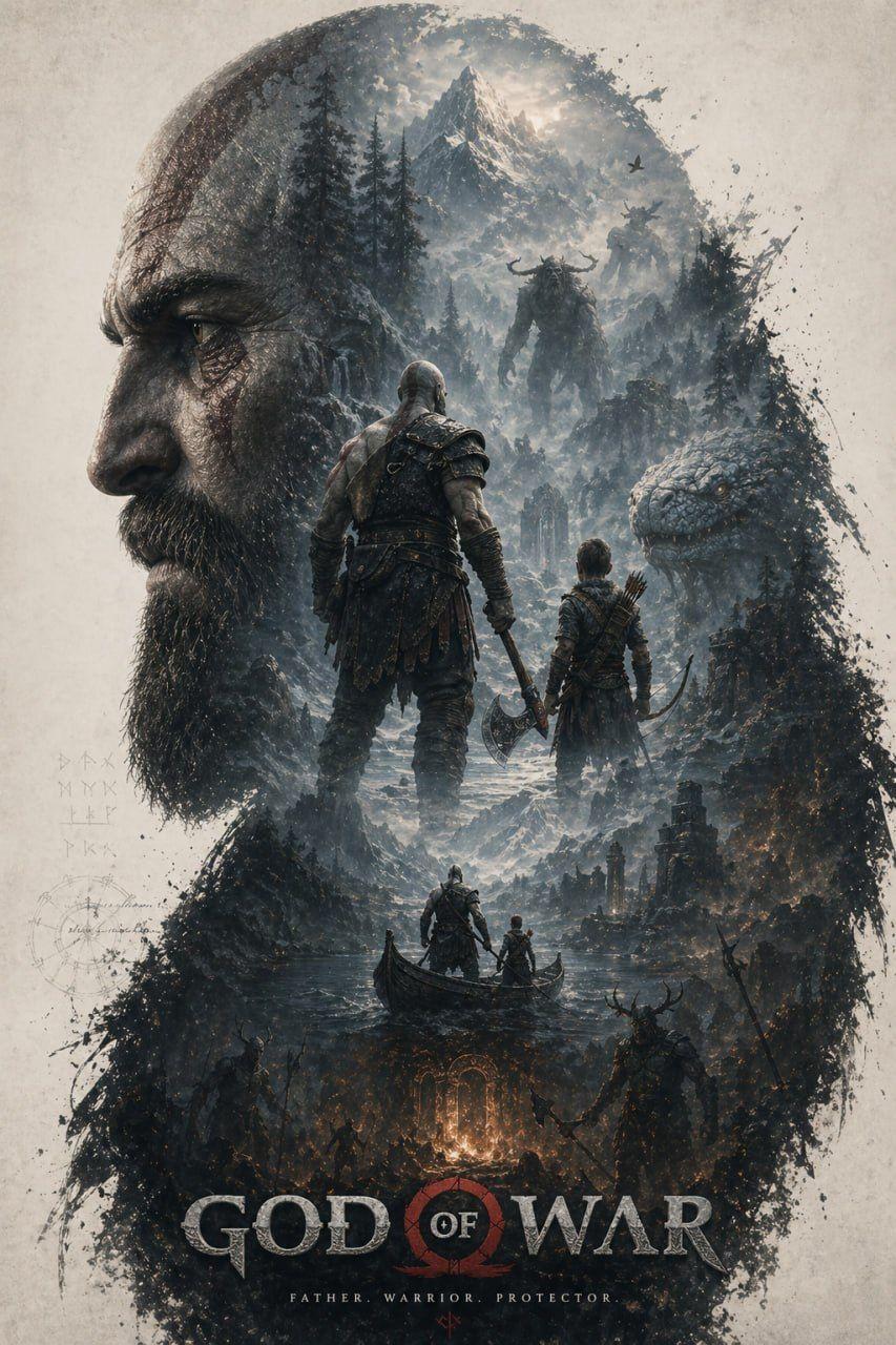 ChatGPT-generated cinematic God of War poster with Kratos's bearded silhouette, Atreus, and Norse mythology environments