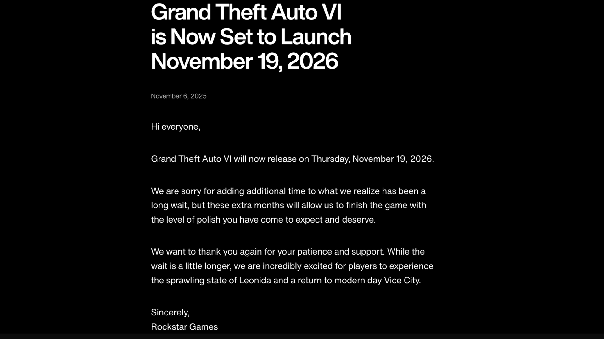 GTA 6 Delayed to November 2026