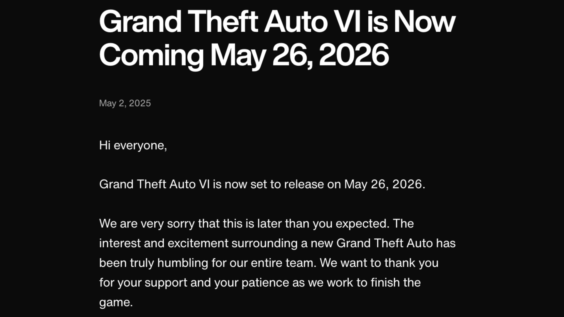 Grand Theft Auto VI Delayed to May 2026