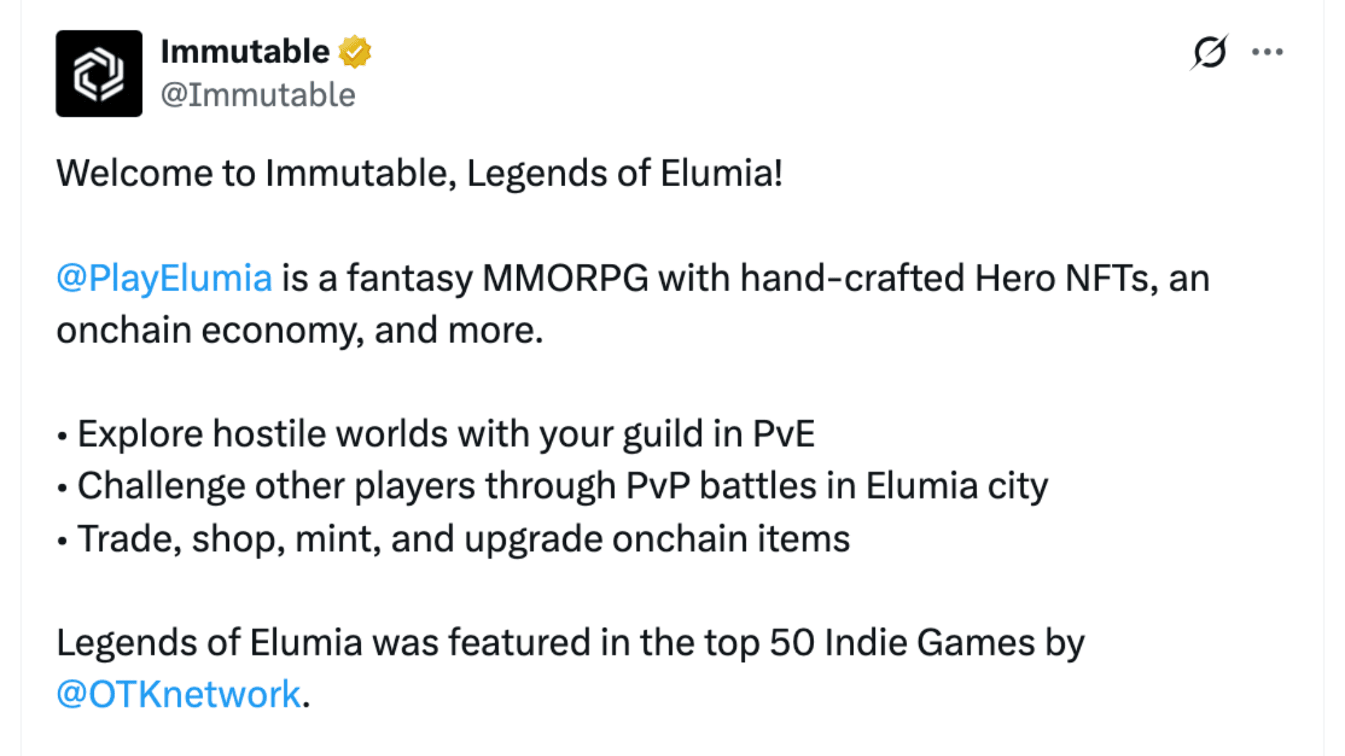 Legends of Elumia Migrates to Immutable