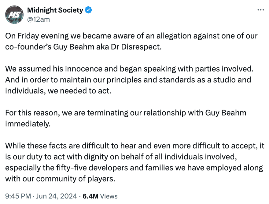 Midnight Society, DrDisrespect와의 관계 단절 및 부적절 행위 의혹