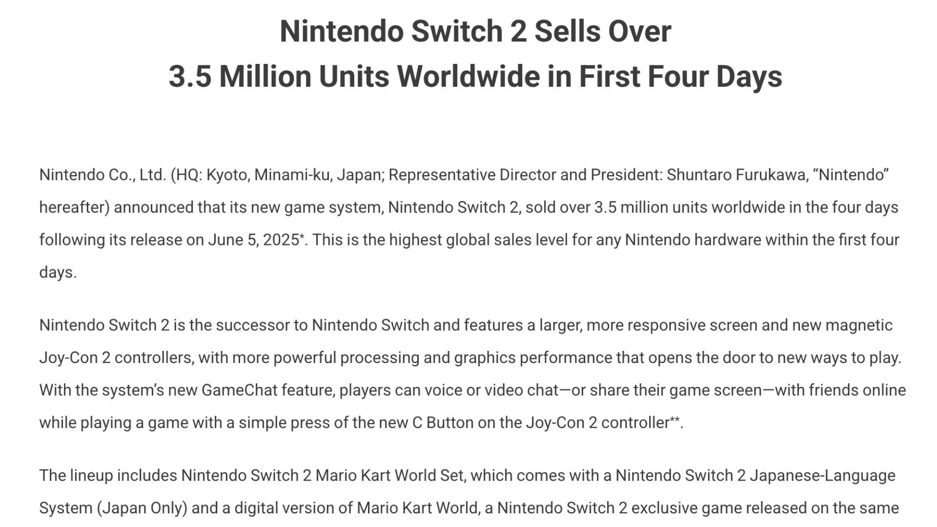 Nintendo Switch 2 Sells 3.5 Million Units