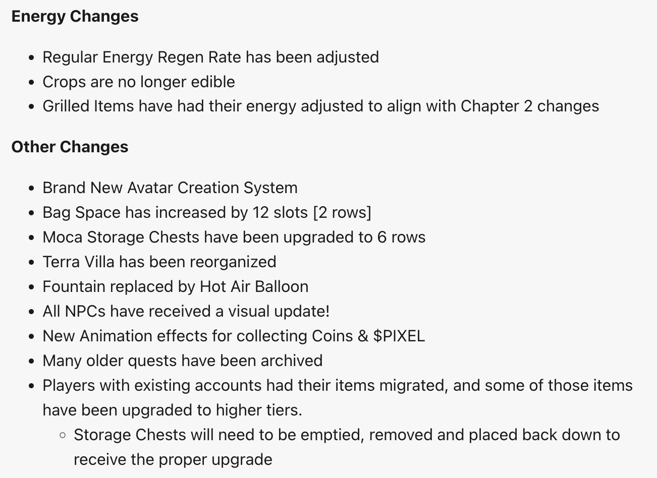 Pixels Chapter 2 Patch Notes