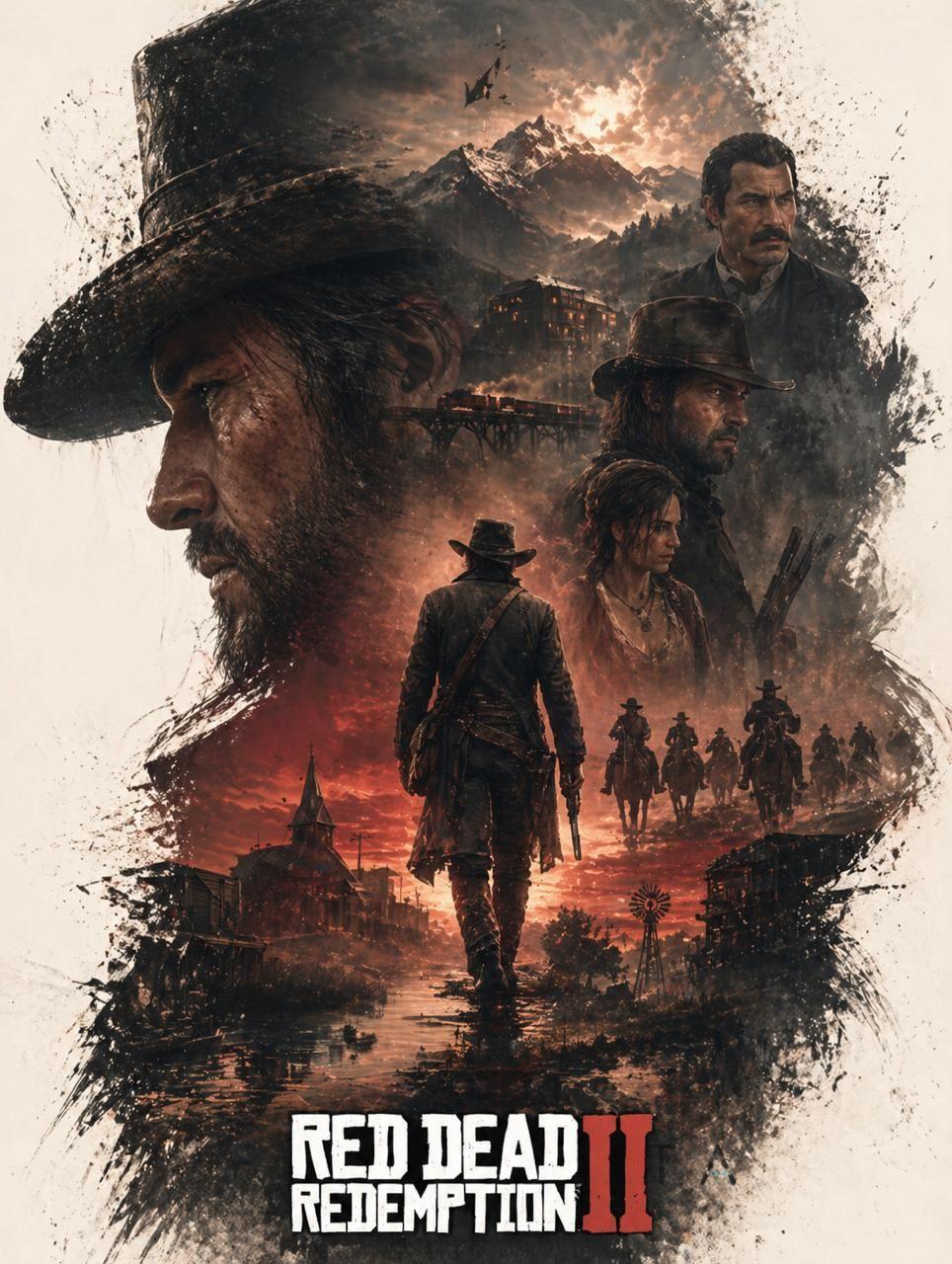 ChatGPT-generated cinematic Red Dead Redemption II poster with Arthur Morgan's silhouette and a blood-red prairie sunset