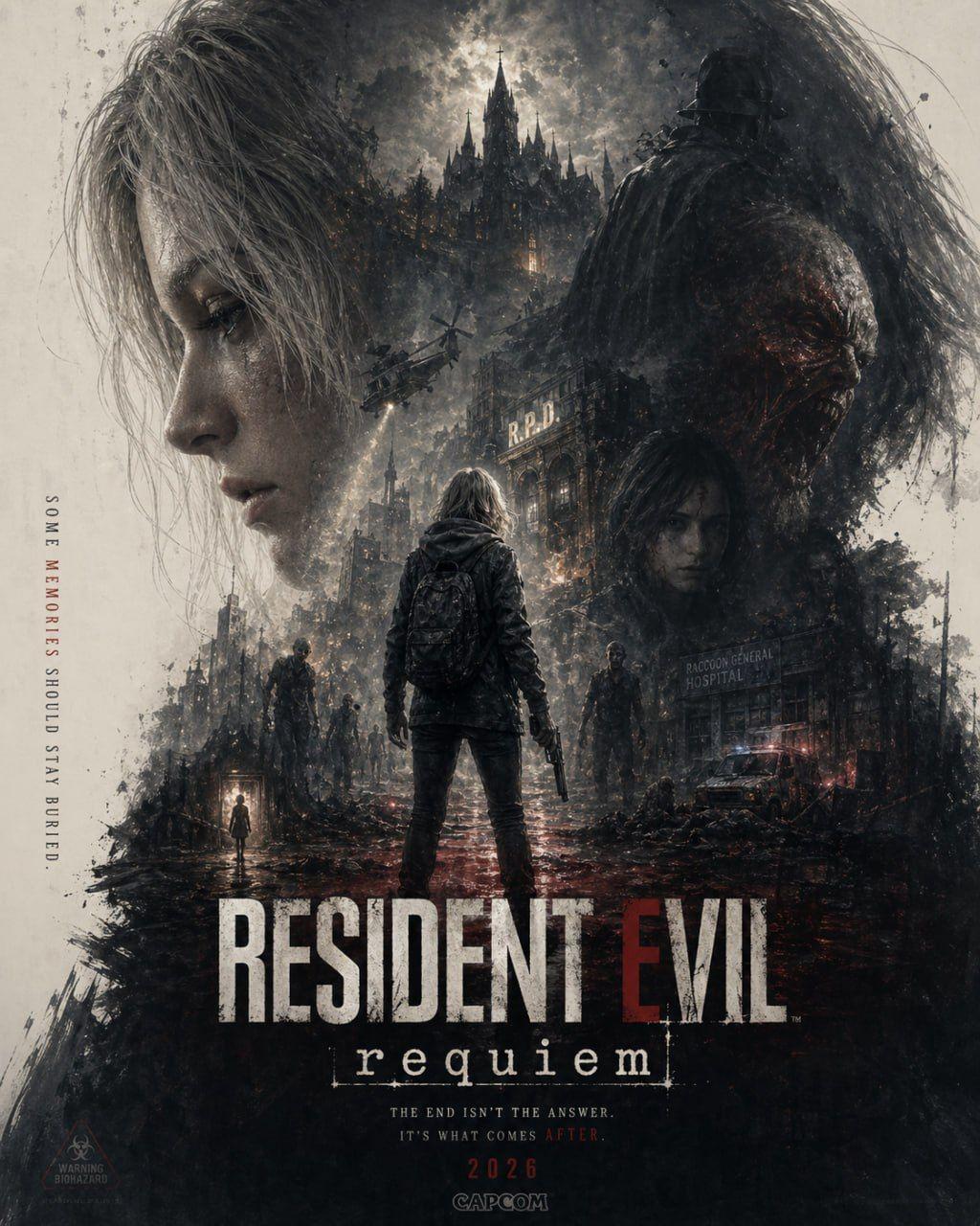 ChatGPT-generated cinematic poster of Resident Evil Requiem with a tearful female silhouette and ruined Raccoon City