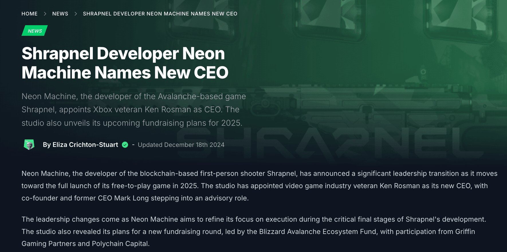 Shrapnel Developer Neon Machine Names New CEO