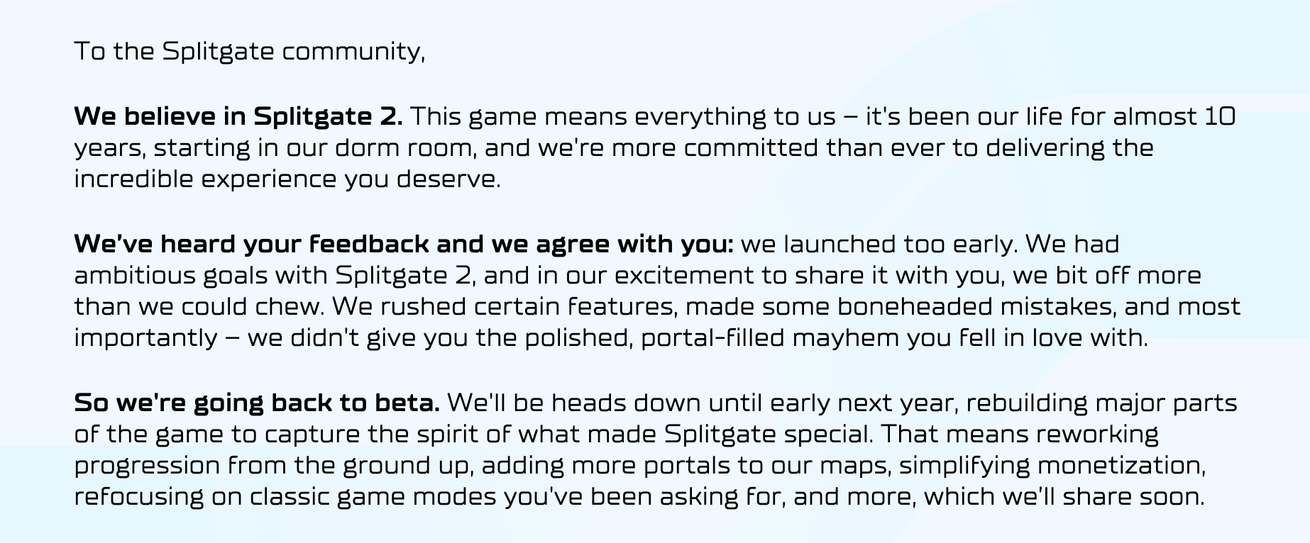 Splitgate 2 Is Going Back to Beta
