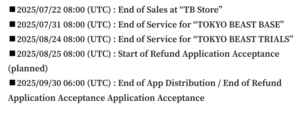 TOKYO BEAST to End Service