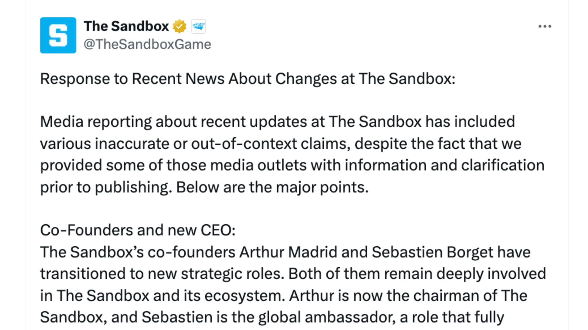 The Sandbox Confirms Restructuring