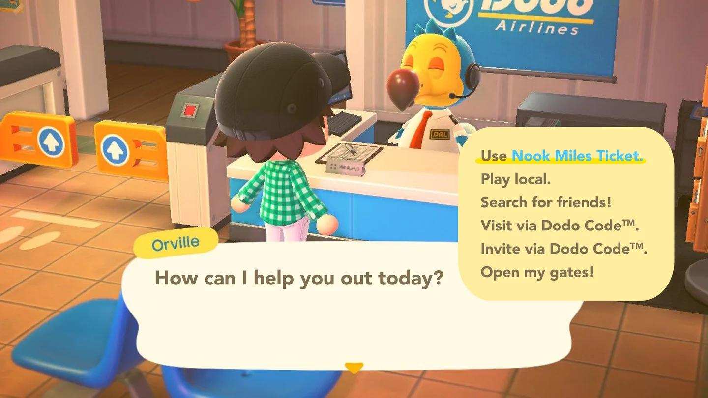 Animal Crossing New Horizons Orville search via Dodo code menu