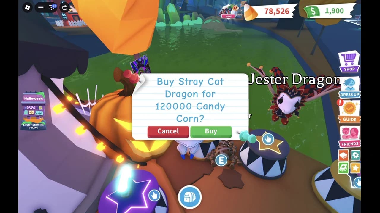 adopt me stray cat dragon purchase prompt at Carnival entrance showing 120000 Candy Corn cost