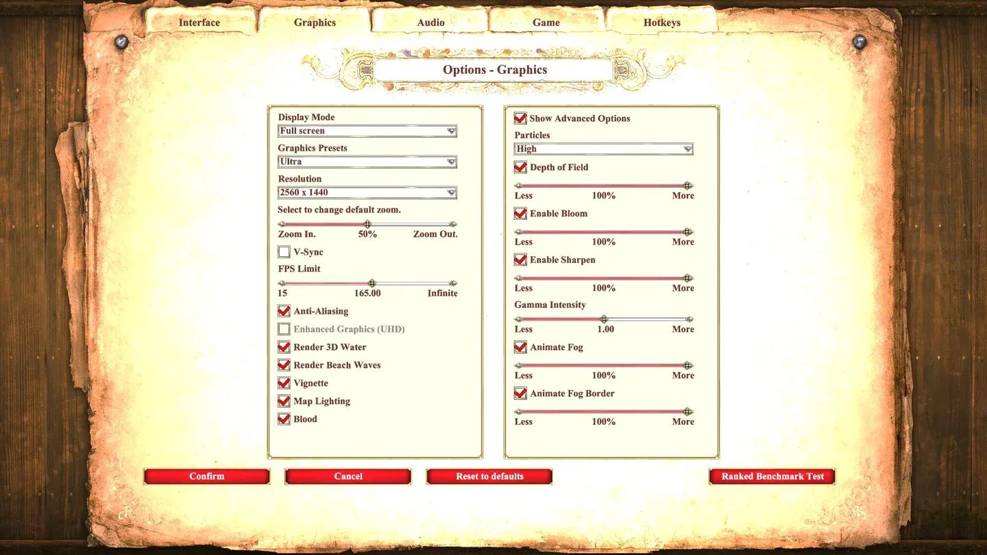 Graphics options screen