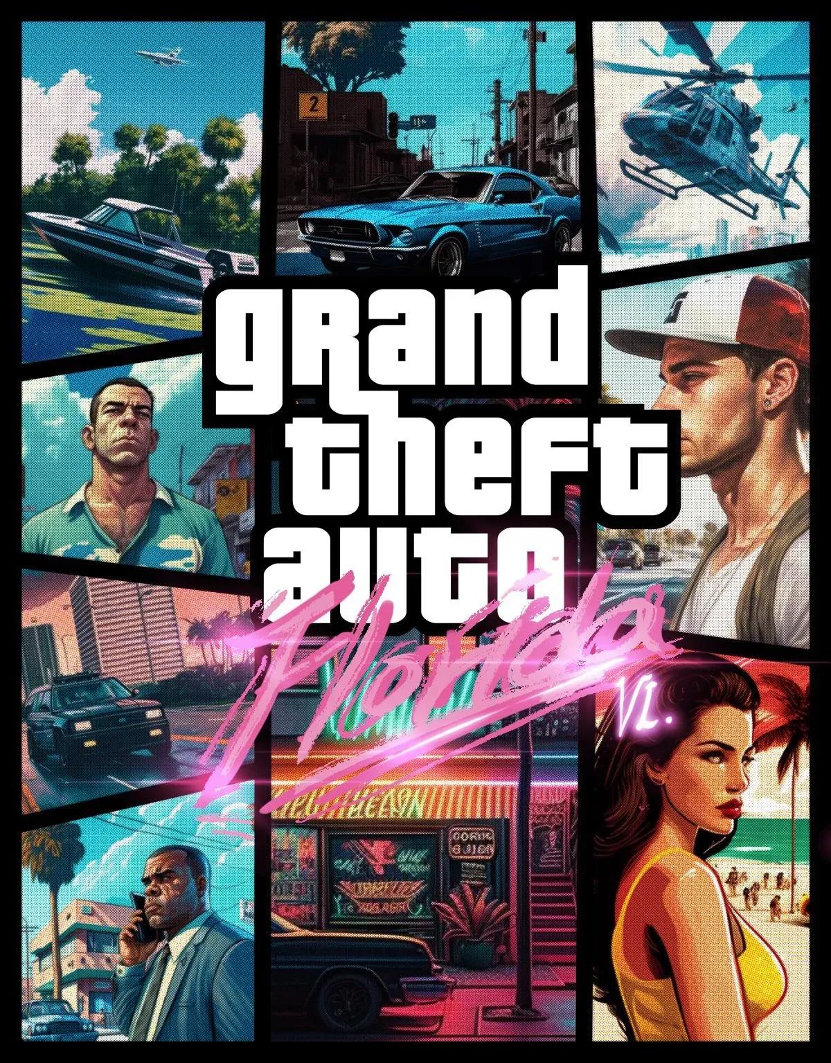 Design the cover image for GTA6 with Midjourney. I drew the fonts for  Florida and VI. Inspired by Vice city. : r/GTA
