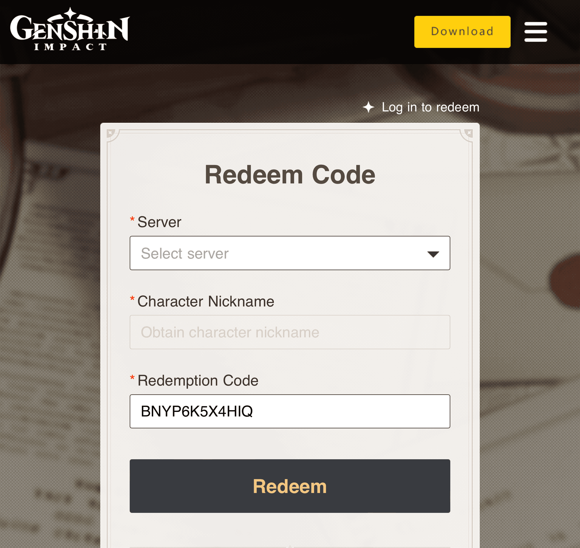 Enter codes on official site