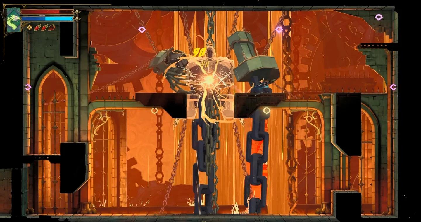 Castlevania Belmont's Curse Mammon boss fight with overhead Arcane Whip anchor points