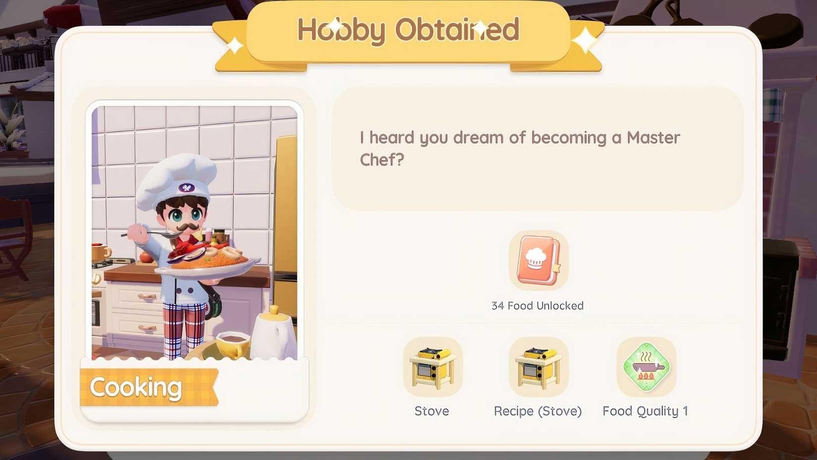 Cooking hobby selection screen