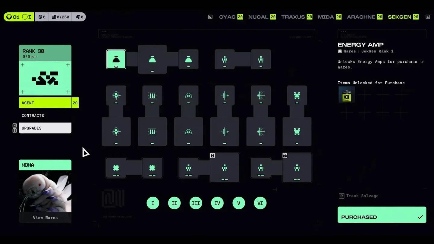 Faction upgrade tree screen