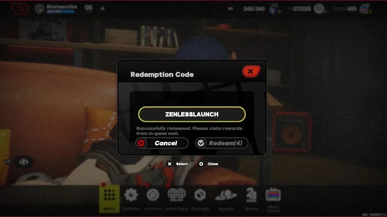 ZZZ code redemption screen