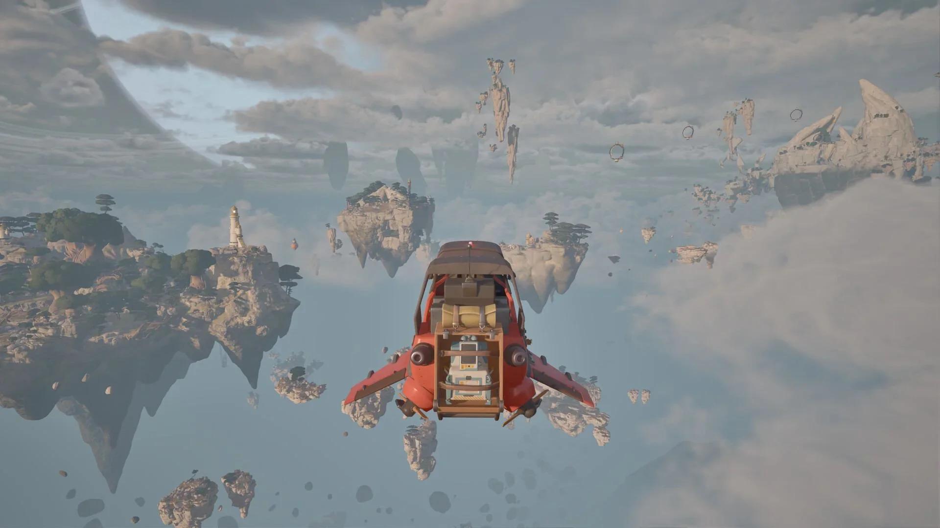 A red Wasp flying craft heading between floating islands above the clouds in ATMOSFAR