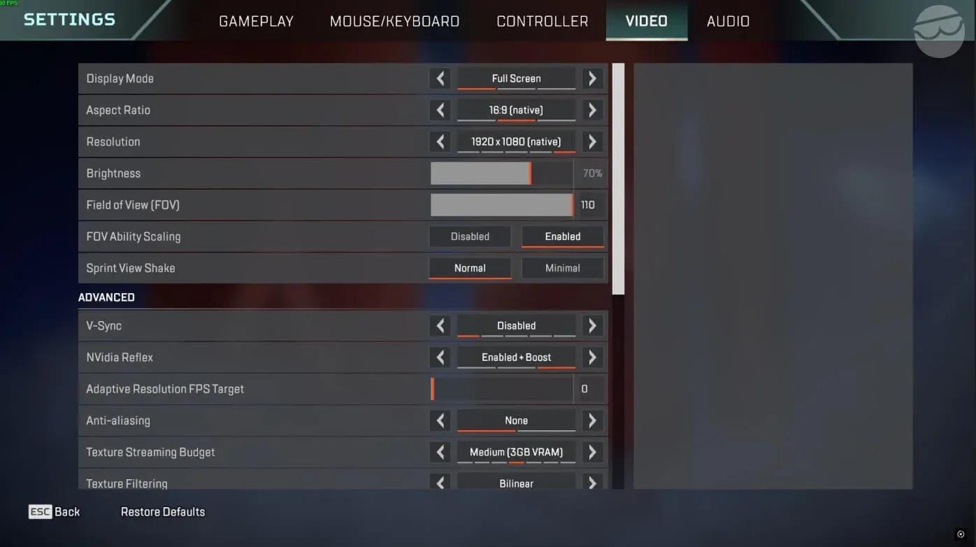 Advanced video settings panel