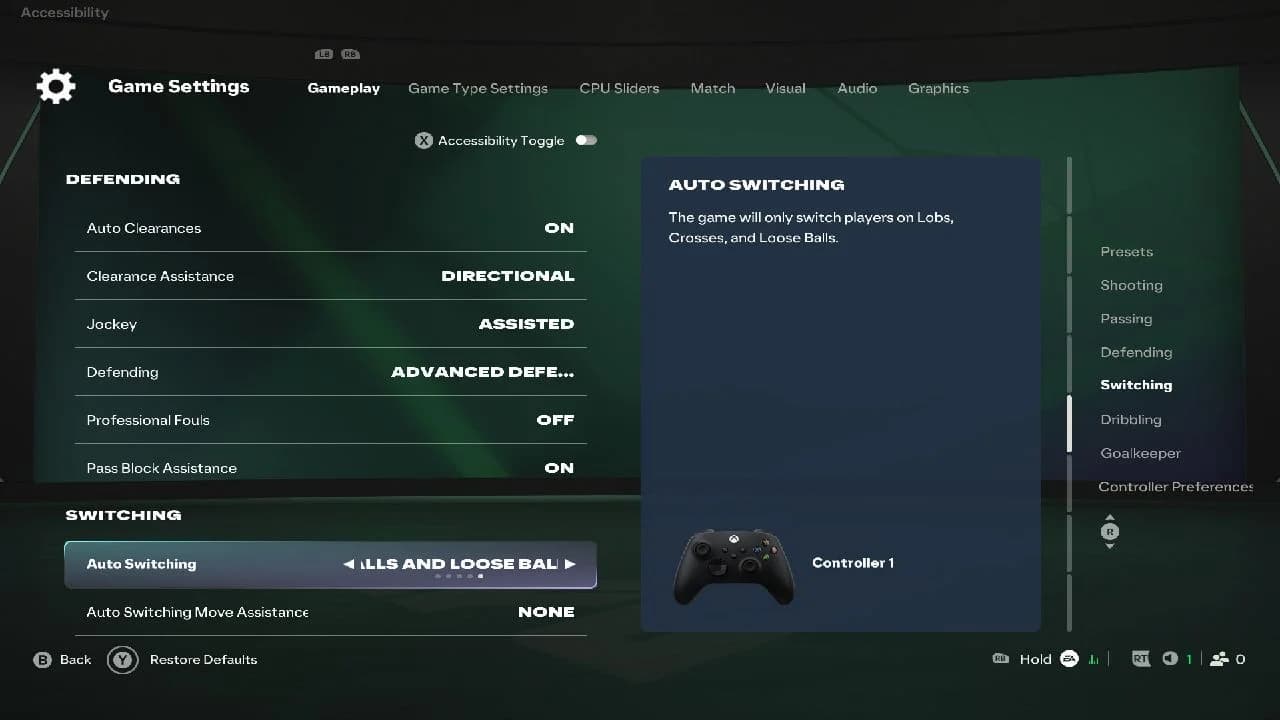 EA FC 27 defending settings showing Advanced Defending and Pass Block Assistance options